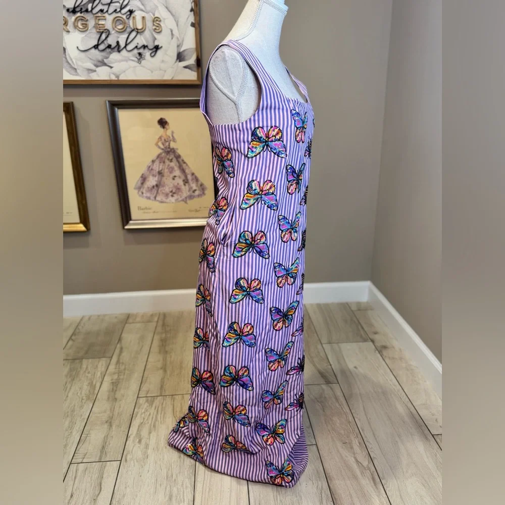 New! QUEEN OF SPARKLES Striped Sequin Butterfly & Bee Midi Dress